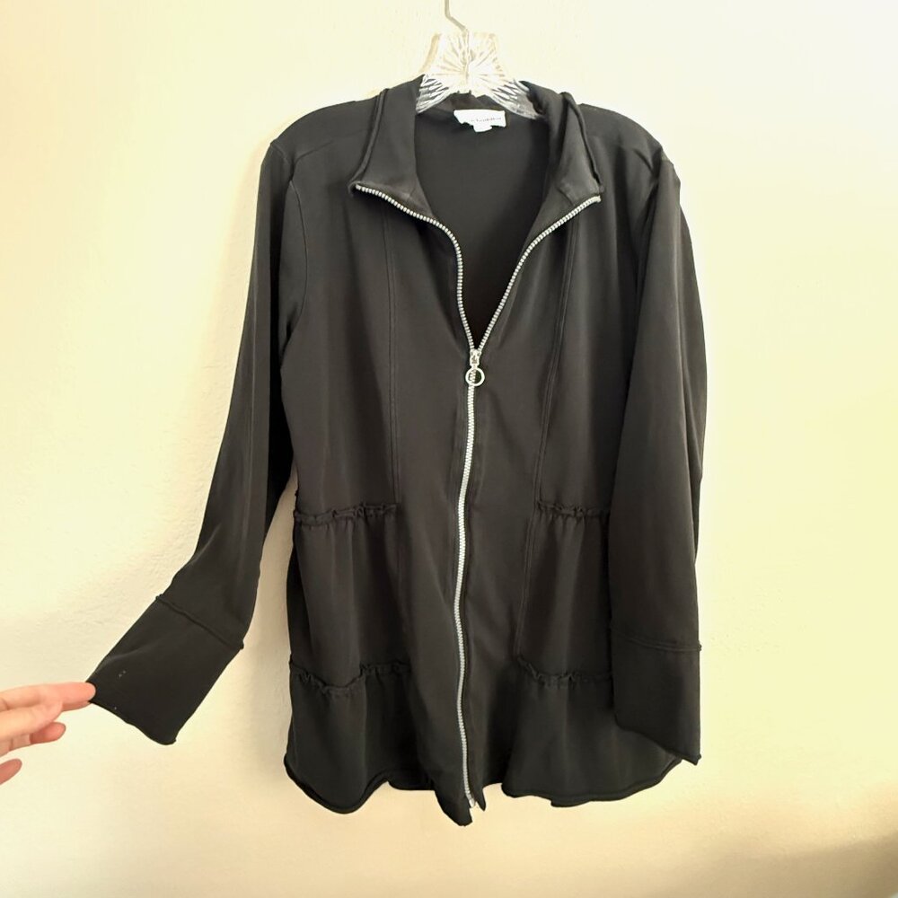 Neon Buddha Long Black Ruffle Jacket – Warm Knit, Zipper Front, Size XL